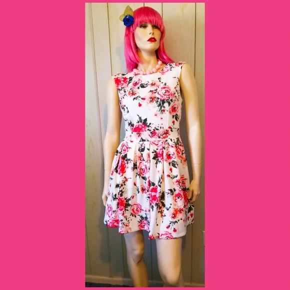 🌹Retro Glam Flirty Floral Garden Print Fit & Flare Babydoll Mini Dress - Picture 7 of 10